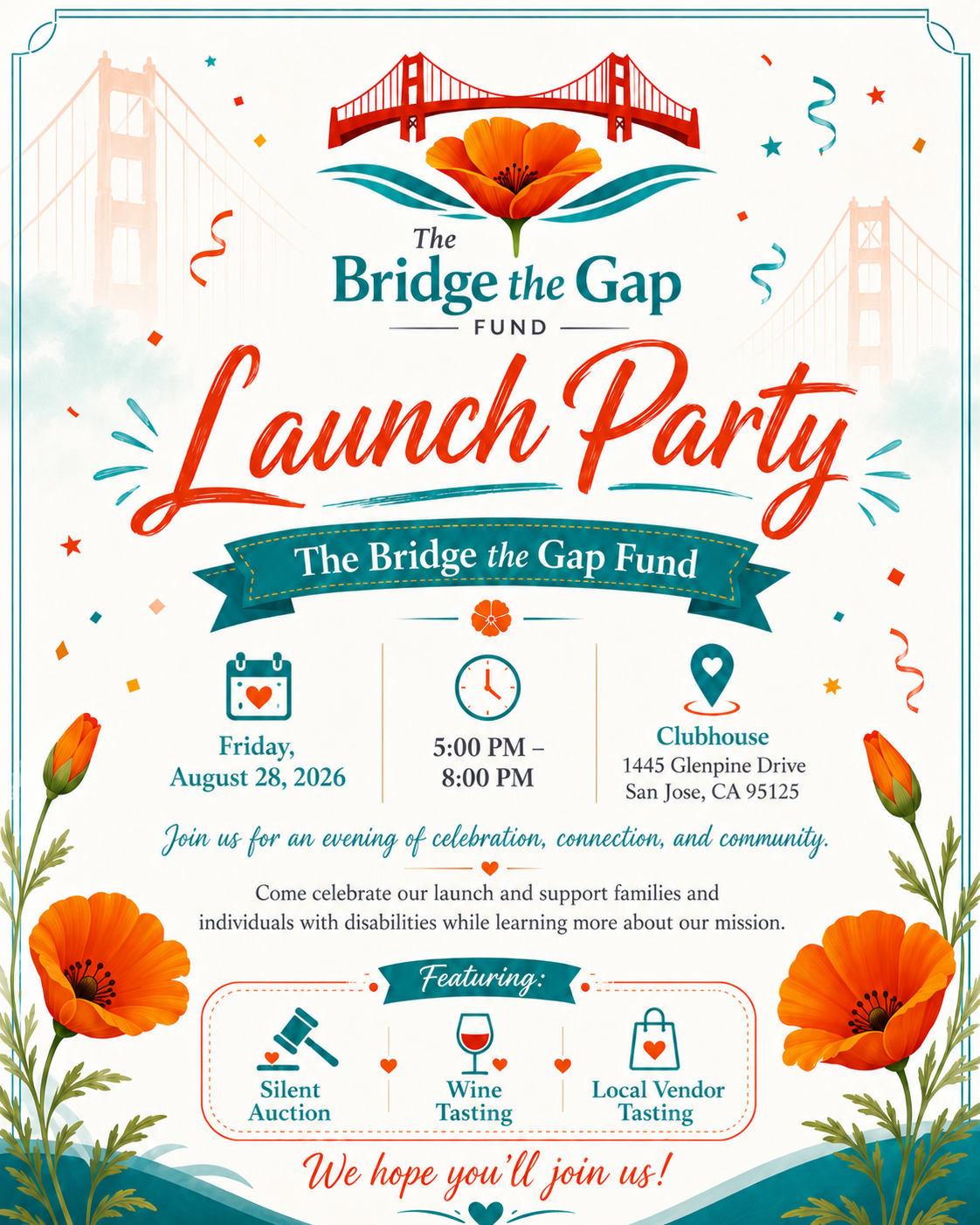 Bridge the Gap Fund Launch Party flyer — August 28, 2026, 5pm to 8pm at the Clubhouse