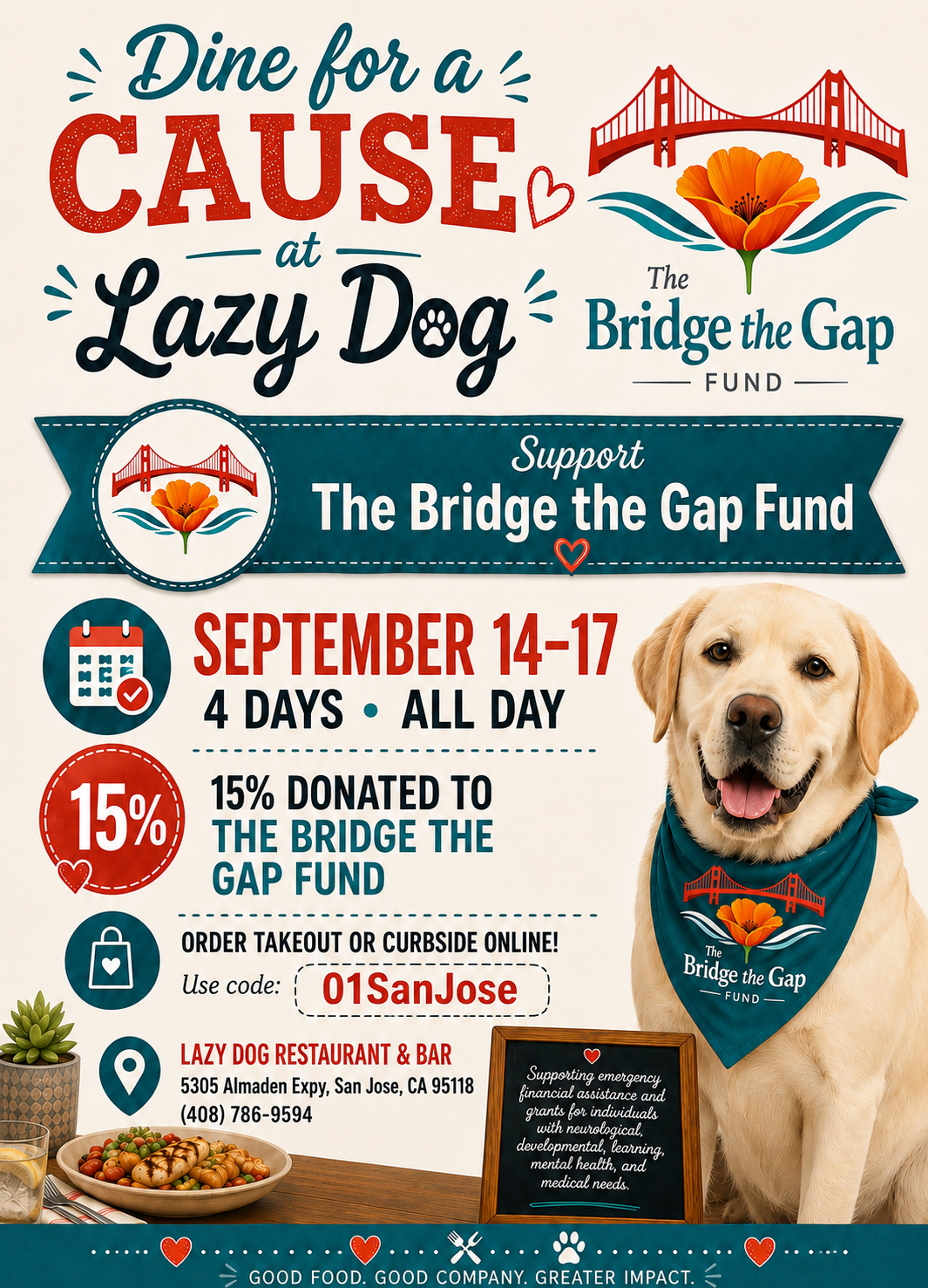 Lazy Dog fundraiser flyer — September 14-17, 2026, all day at 5305 Almaden Expressway, San Jose, CA 95118