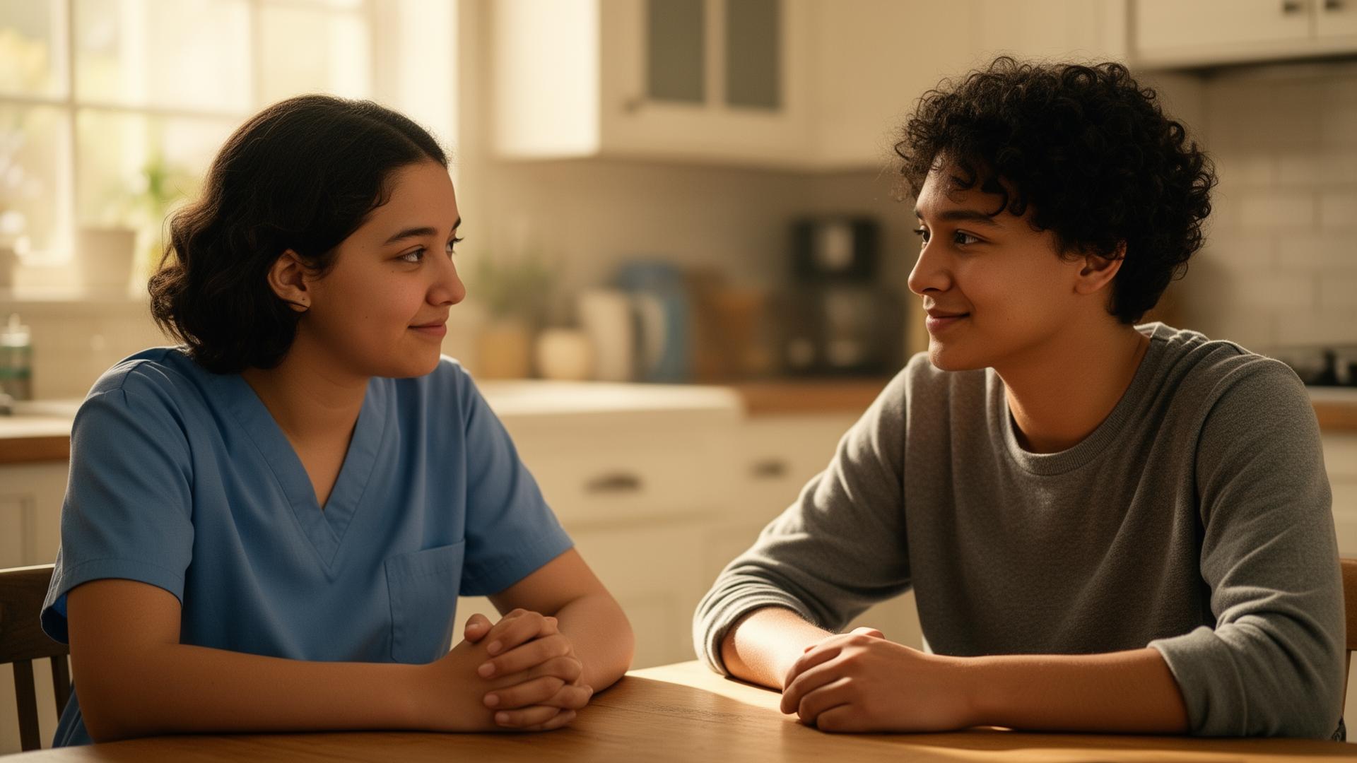 A caregiver and young adult in conversation